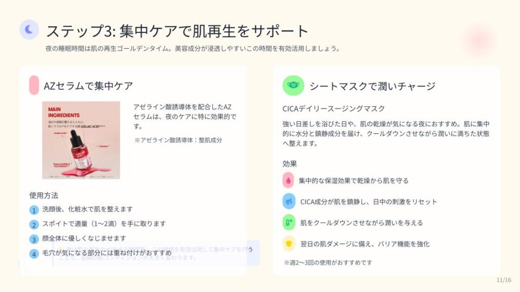 夜の集中ケア ステップ3 AZセラムとCICAシートマスクの説明