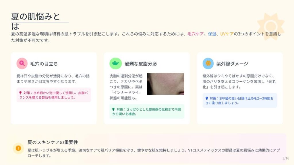 夏の肌悩みと対策を解説する図